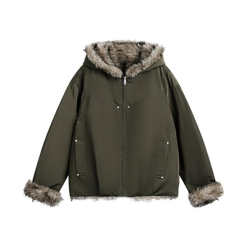 Unisex Oversized Winter Puffer Jacket With Faux Fur Collar Warm Cotton-Padded Hooded Coat Youth Casual Wear