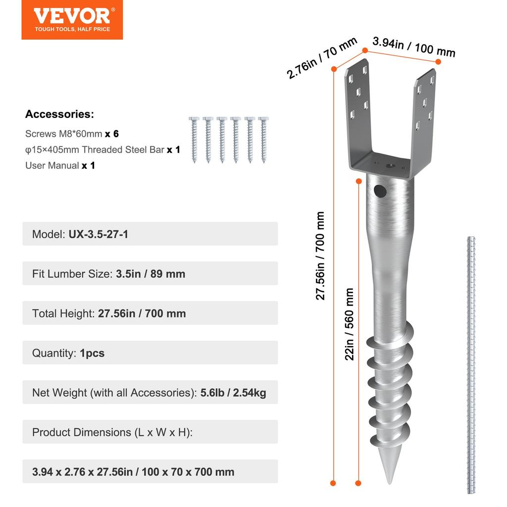 VEVOR No Dig Ground Anchor, 1 Pack 3.94 x 2.76 x 27.56 in DIY Screw in Post Stake, Includes 6 Lag Bolts & a Rebar