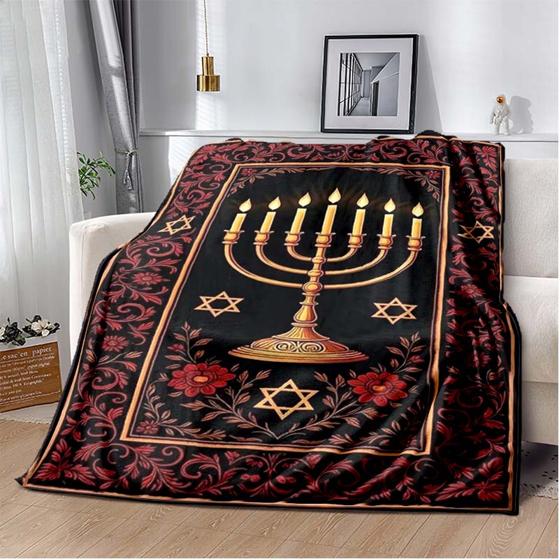 Golden Menorah Star David Red Floral Vintage Frame Black Print Soft Flannel Throw Blanket Sofa Bed Religious Holiday Warm Decor Cover