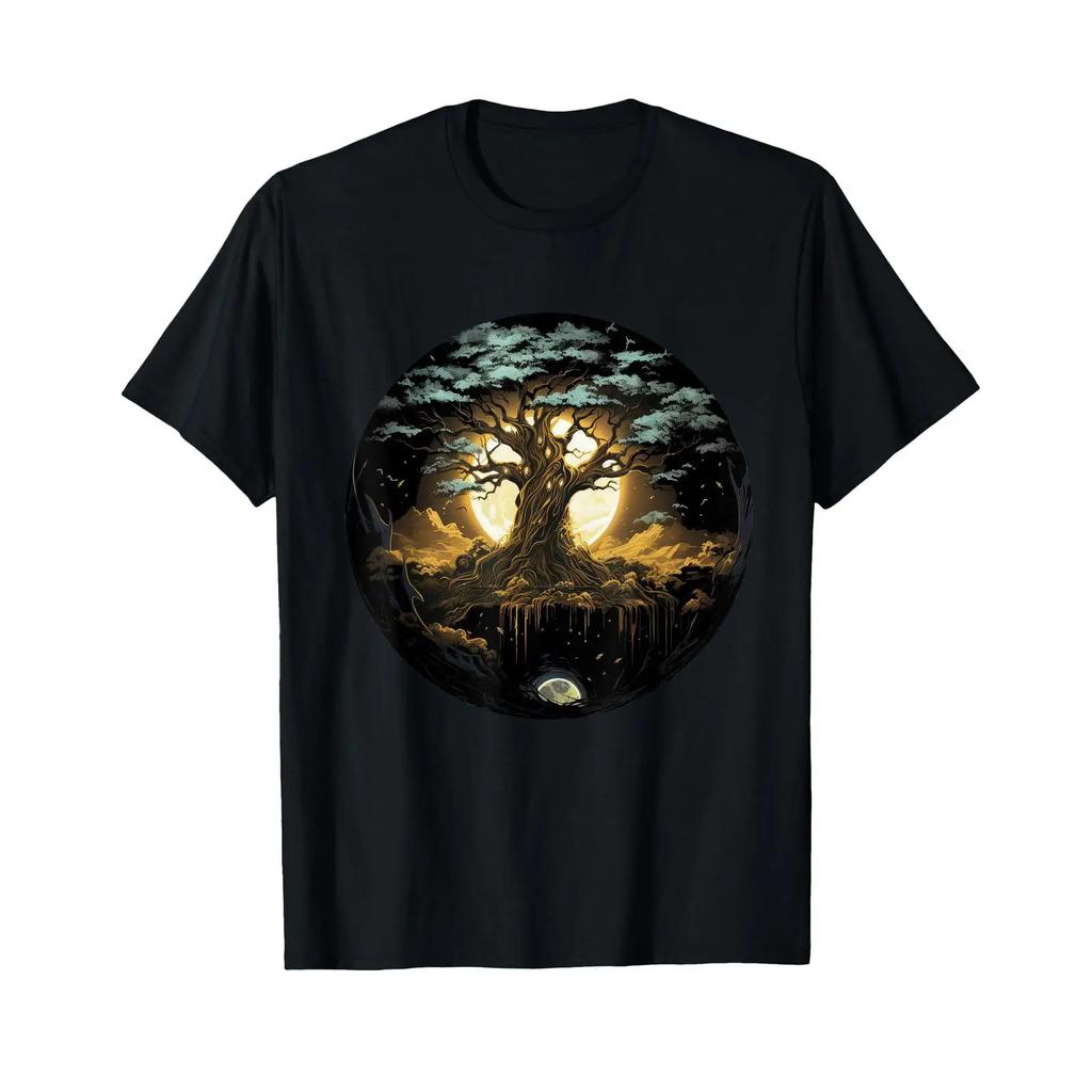 Magic Forest Tree Under Moonlight Scene T Shirt vintage Washed Unisex For Everyday Wear graphic