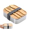 Ланч-бокс бенто из нержавеющей стали, металлические контейнеры, деревянная крышка с набором столовых приборов из 3 предметов, ланч-бокс для