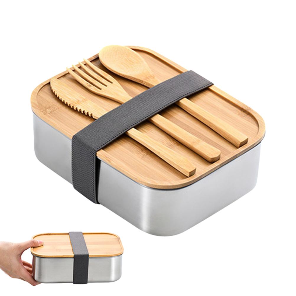 Stainless Steel Bento Lunch Box Metal Containers Wood Lid with 3Pcs Cutlery Set Lunch Box for