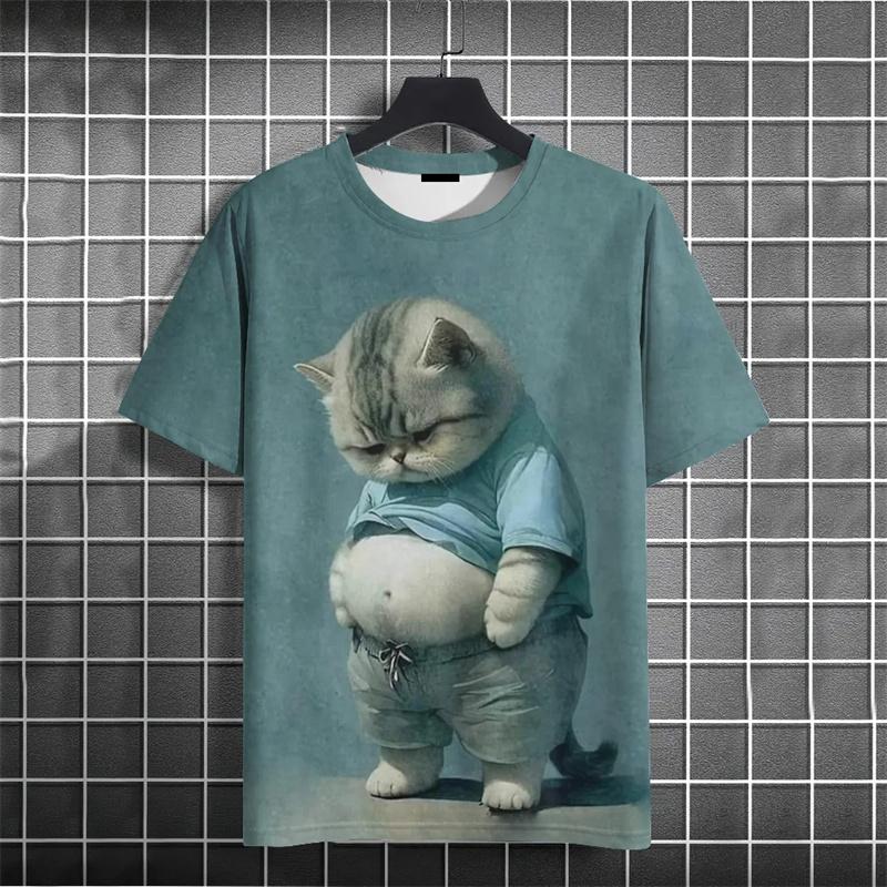 Смешная футболка с толстым котом Детские 3D-печатные футболки с животными Детские повседневные свободные футболки с коротким рукавом Большие размеры Летние уличные футболки
