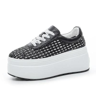 Мода 8 см Воздухопроницаемая сетка Плетение Микрофибра Натуральная кожа Высокий бренд Платформа Клин Мода Летняя Удобная обувь Сандалии Женские Массивные кроссовки