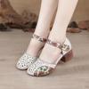 Retro Ethnic Sandals Women Genuine Leather Thick Heel Soft Sole Wrapped Toe  Anti-skid Hollow Middle-aged Mother Shoes Middle Heel Hole Shoes