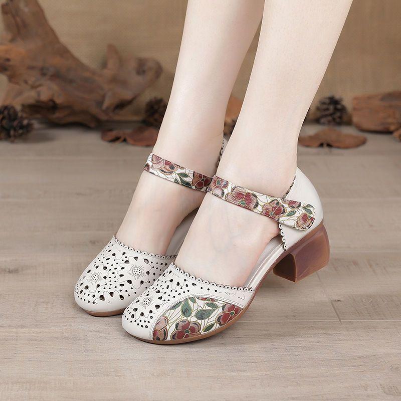 Retro Ethnic Sandals Women Genuine Leather Thick Heel Soft Sole Wrapped Toe Anti-skid Hollow Middle-aged Mother Shoes Middle Heel Hole Shoes