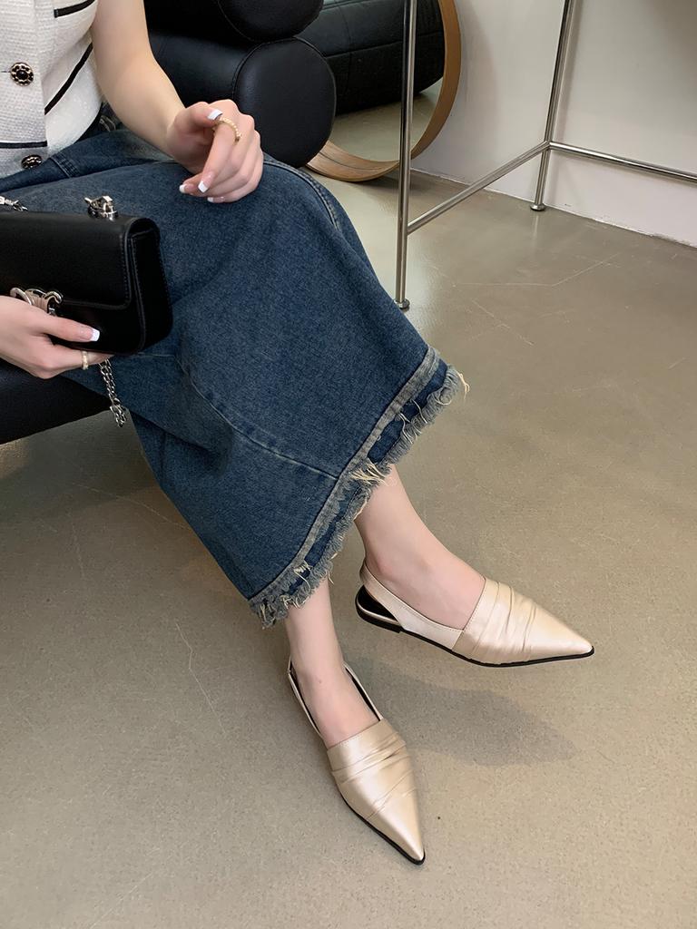 Модные женские сандалии с острым носком на плоской подошве и низким каблуком, летние туфли 2024 года, повседневные элегантные сандалии с ремешком сзади