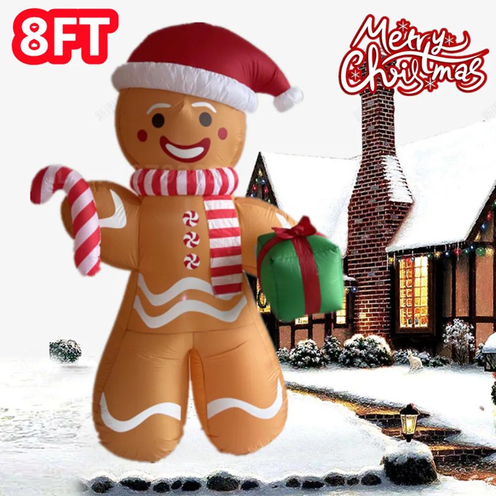 8FT Christmas Inflatable Gingerbread Man Toy With Gift Pack LED Light Used For Indoor Outdoor Courtyard Lawn Garden Decoration