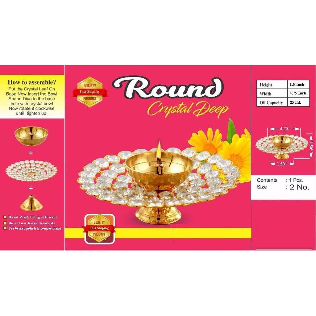 Brass Diya for Puja - Crystal Akhand Diya Oil Puja Lamp - Decorative Round for Home Office Gifts Pooja Articles-Diwali Gift Wedding GiftDecor