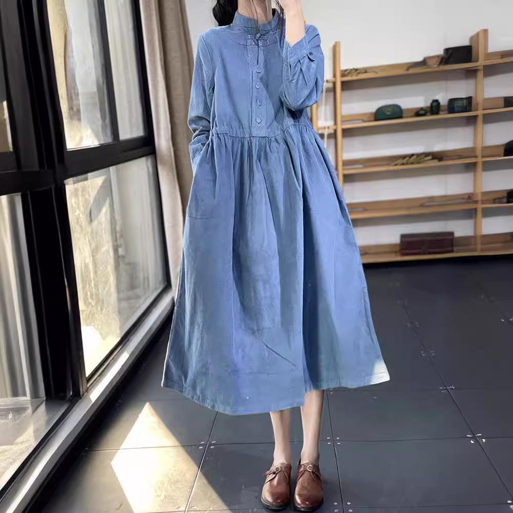 Весна 2025 года, новое литературное и ретро-китайское платье с воротником-стойкой, свободное, повседневное, темпераментное, универсальное, вельветовое платье