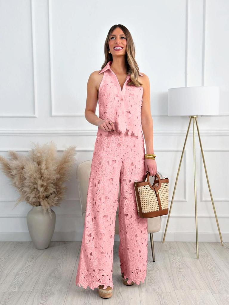 French Summer Embroidered V-Neck Cutout Tank & Wide-Leg Pants Set