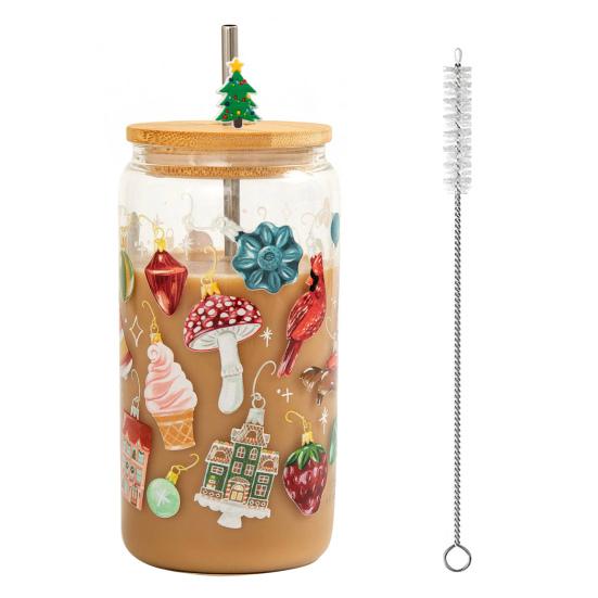 Color Changing Christmas Glass Cup with Lid Straw Brush Reusable Glass Iced Coffee Cup