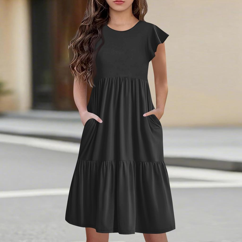 Детская юбка с круглым вырезом, плиссированная, с коротким рукавом, юбка принцессы, модное повседневное платье с карманами для девочек