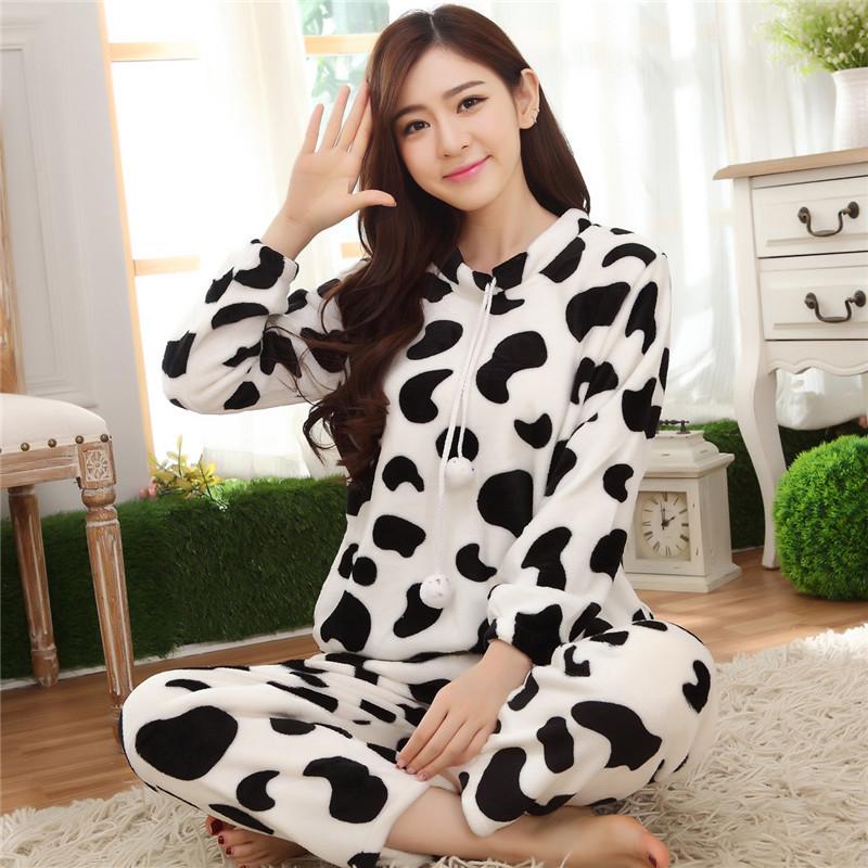 Women's Long-sleeved Flannel Pajamas Set Spring Autumn Cartoon Sleepwear Thickened Warm Printing Plush Cute Sleeping Suit Set