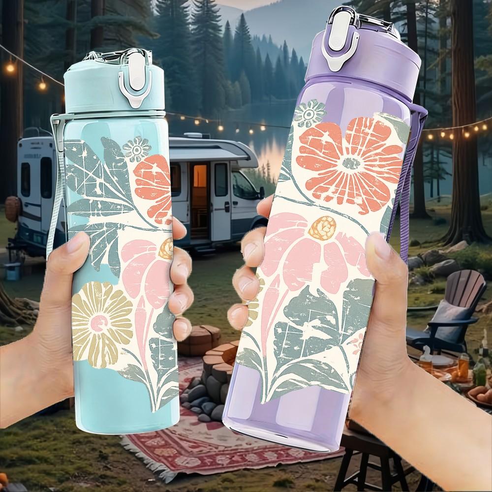 1PC Vintage Soft Floral Bouquet Print 750ml Color Plastic Sports Water Bottle Leakproof Flip Straw Lid Suitable for Sports Office Home Use