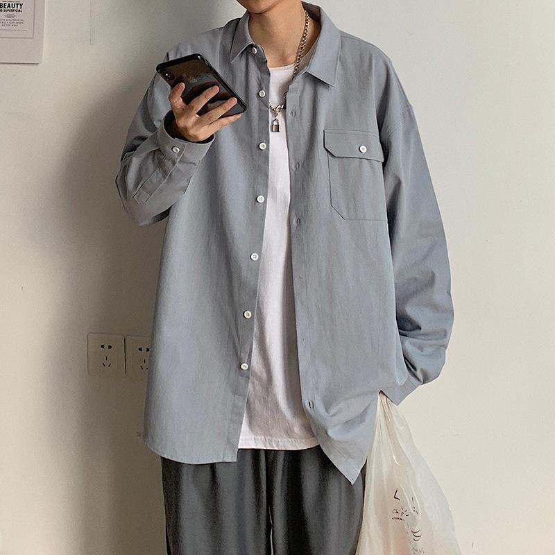 Mens Loose Solid Color Stand Collar Long Sleeve Casual Shirt Outerwear