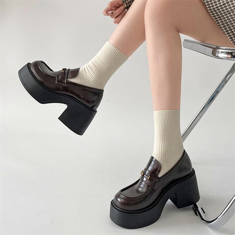 Black French Retro Platform Thick Heel Small Leather Shoes Women's 2025 New Autumn and Winter One-pedal British Style Loafers