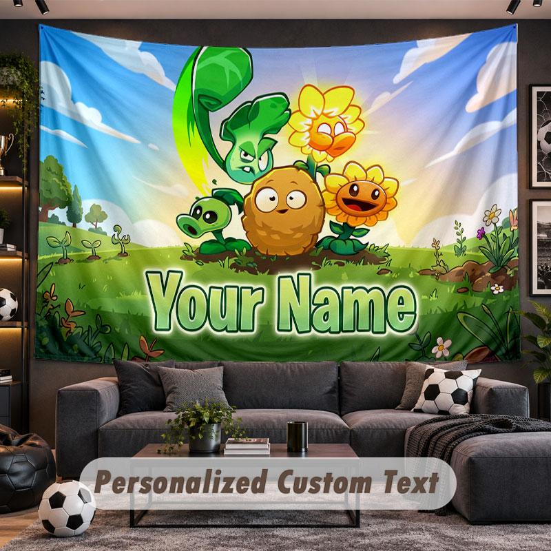 Wall Hanging Tapestry Custom NamePlants vs. Zombie Pattern Personalized Printed Fabric Wall Decor