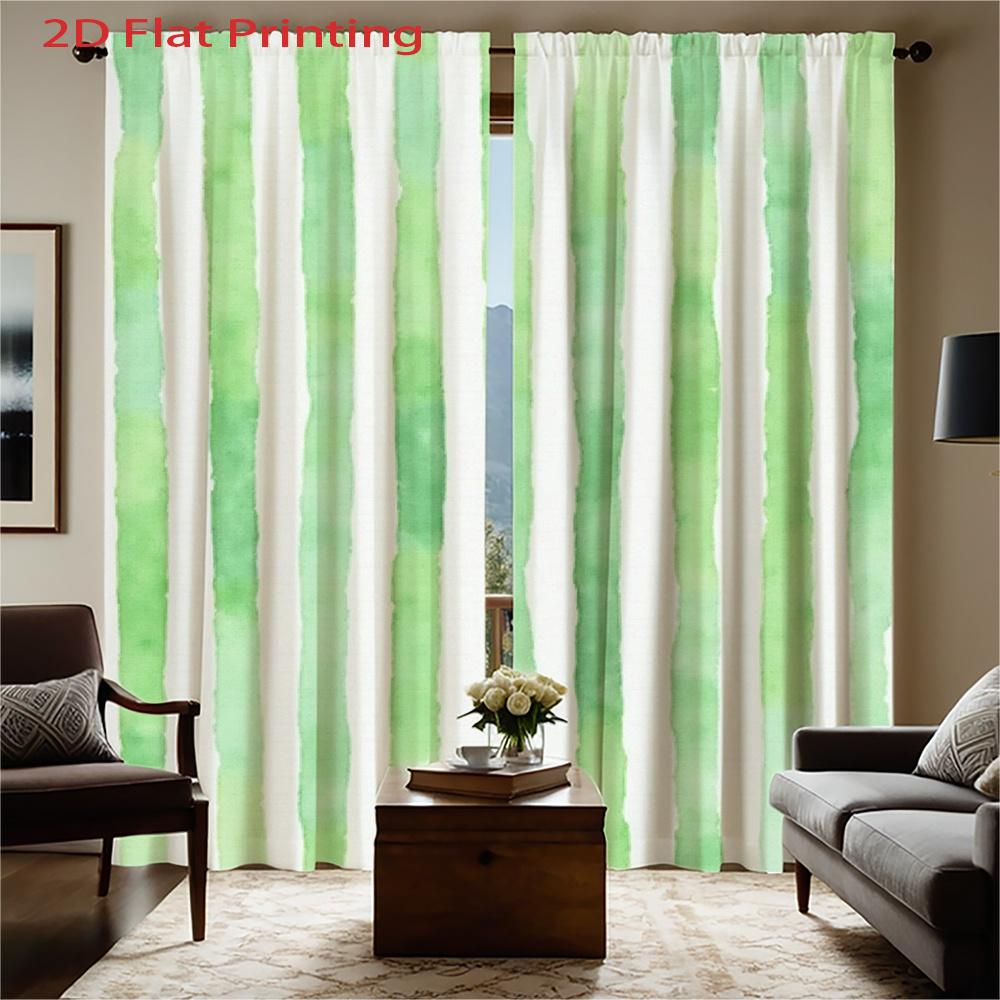 Watercolor Stripe Curtains 2pcs – Green and White Vertical Stripes, Modern Minimalist Decor for Living Room and Bedroom