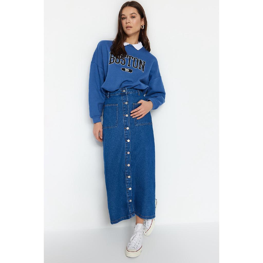 Джинсовая юбка темно-синего цвета с двойным карманом и высокой талией Tctss23ee00002