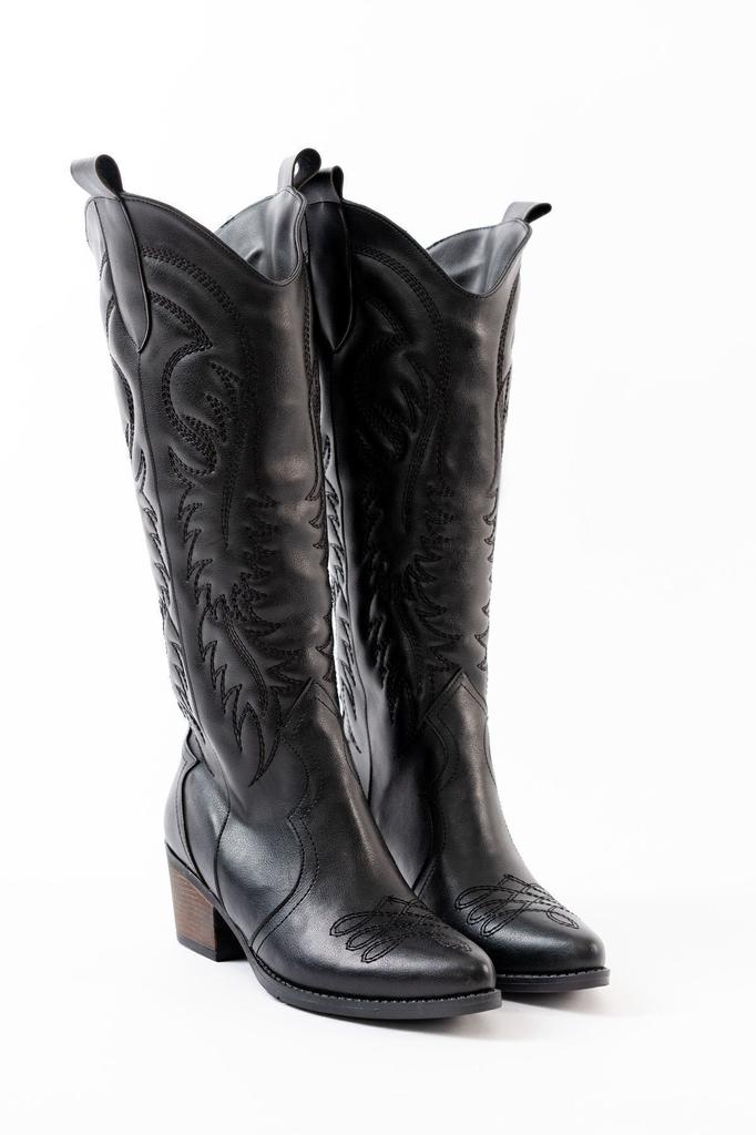 Женские современные стильные модные ботинки, сапоги из искусственной кожи, черные кожаные ковбойские длинные сапоги с вышивкой