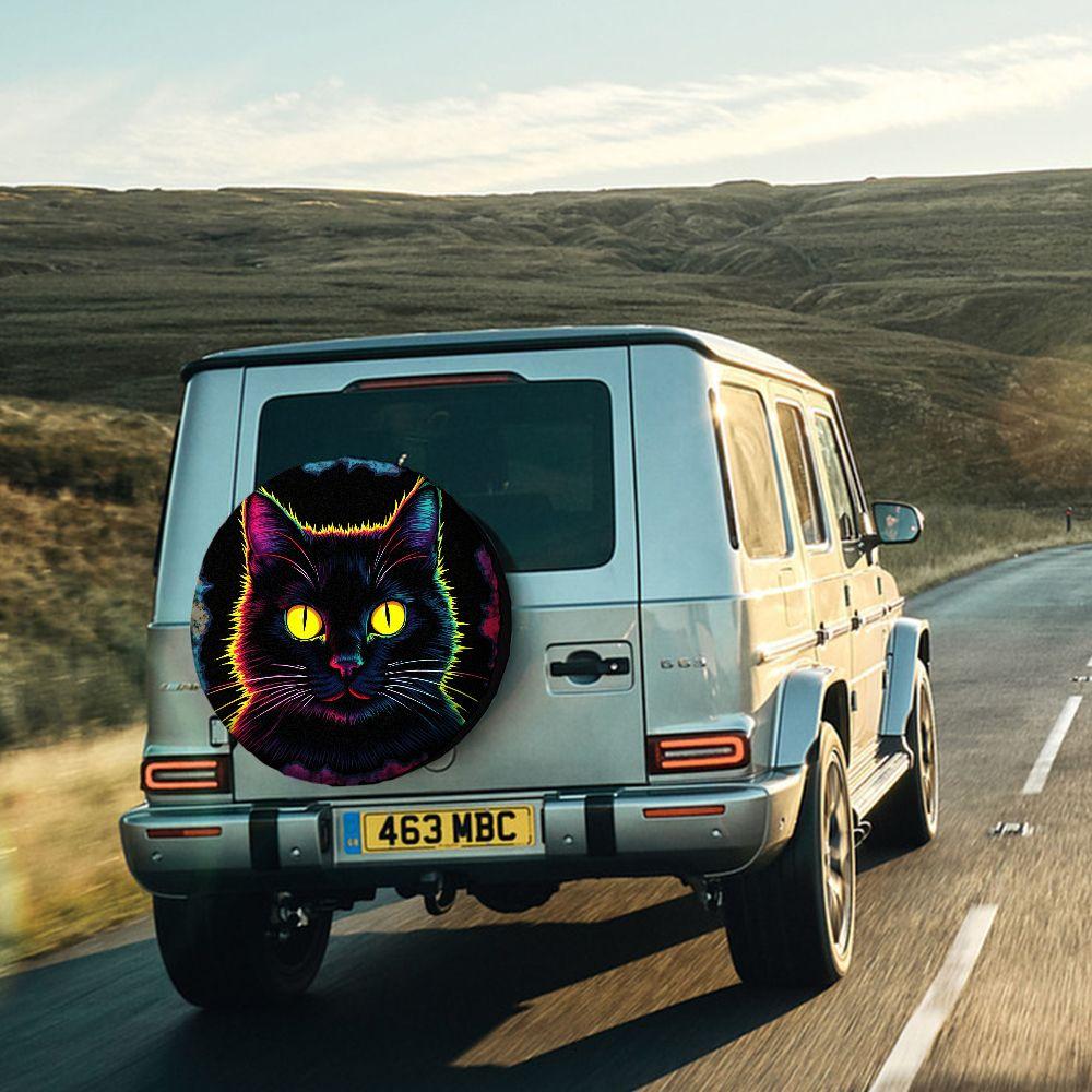 Trendy Cyberpunk Neon Black Cat Car Tire Cover - Dazzling Fluorescent Art Print, Glaring Cat-Eye Design, High-Quality Polyester