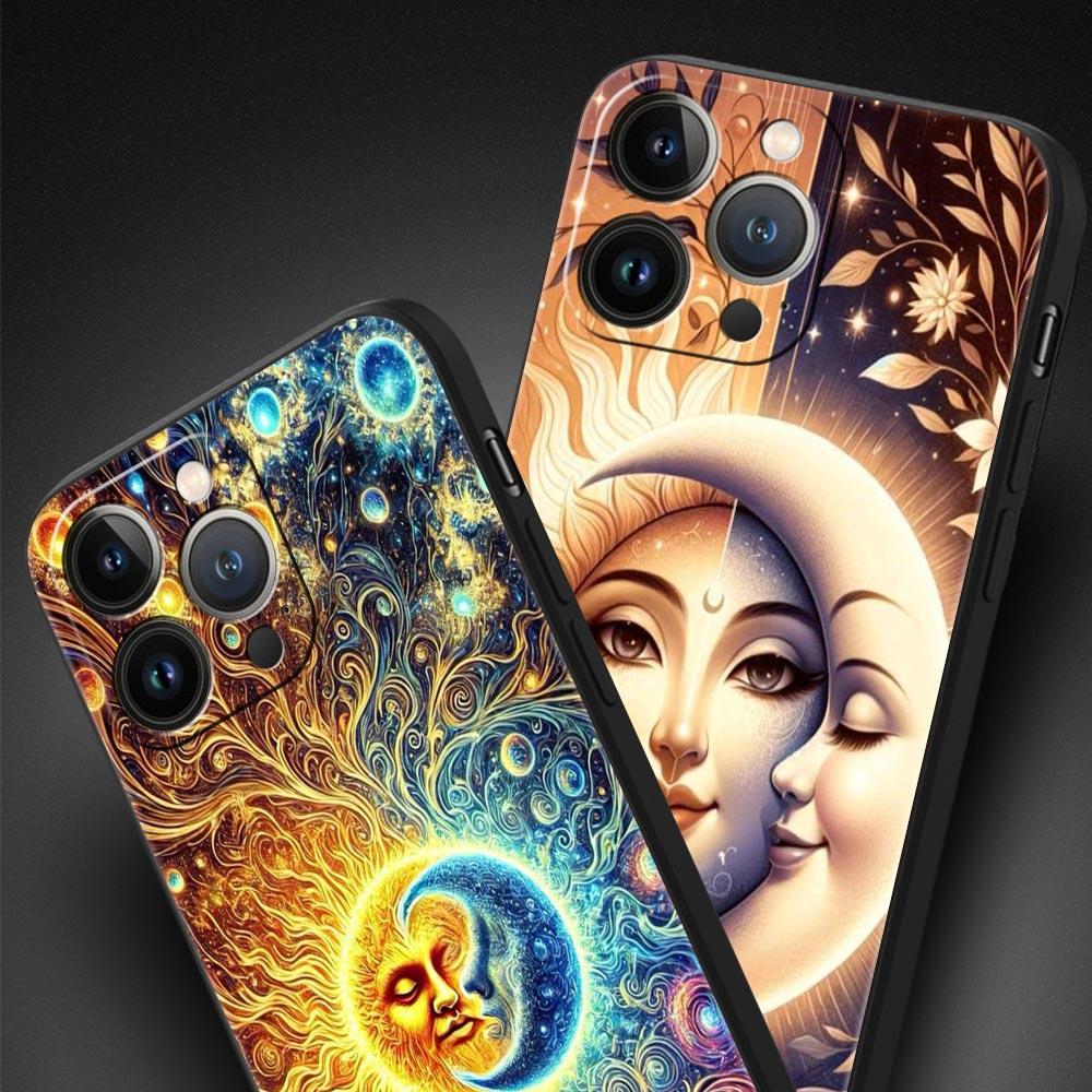 Чехол для телефона 'Луна Солнце' для iPhone 17 16 15 Pro Max 11 12 13 14 7 8 Plus SE 2020 X XR XS Мягкий Черный