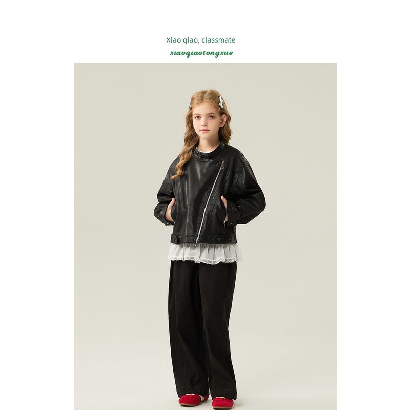 Children's Leather Jacket 2025 Autumn New Style Boys and Girls Pu Leather Jacket Coat for Older Kids Motorcycle Style Short Trendy Fashion