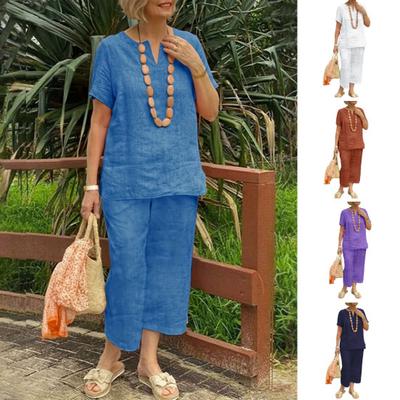 2 шт., блузка с короткими рукавами, комплект брюк для женщин, свободный топ, широкие брюки, комплекты, однотонный спортивный костюм, летняя повседневная одинаковая одежда