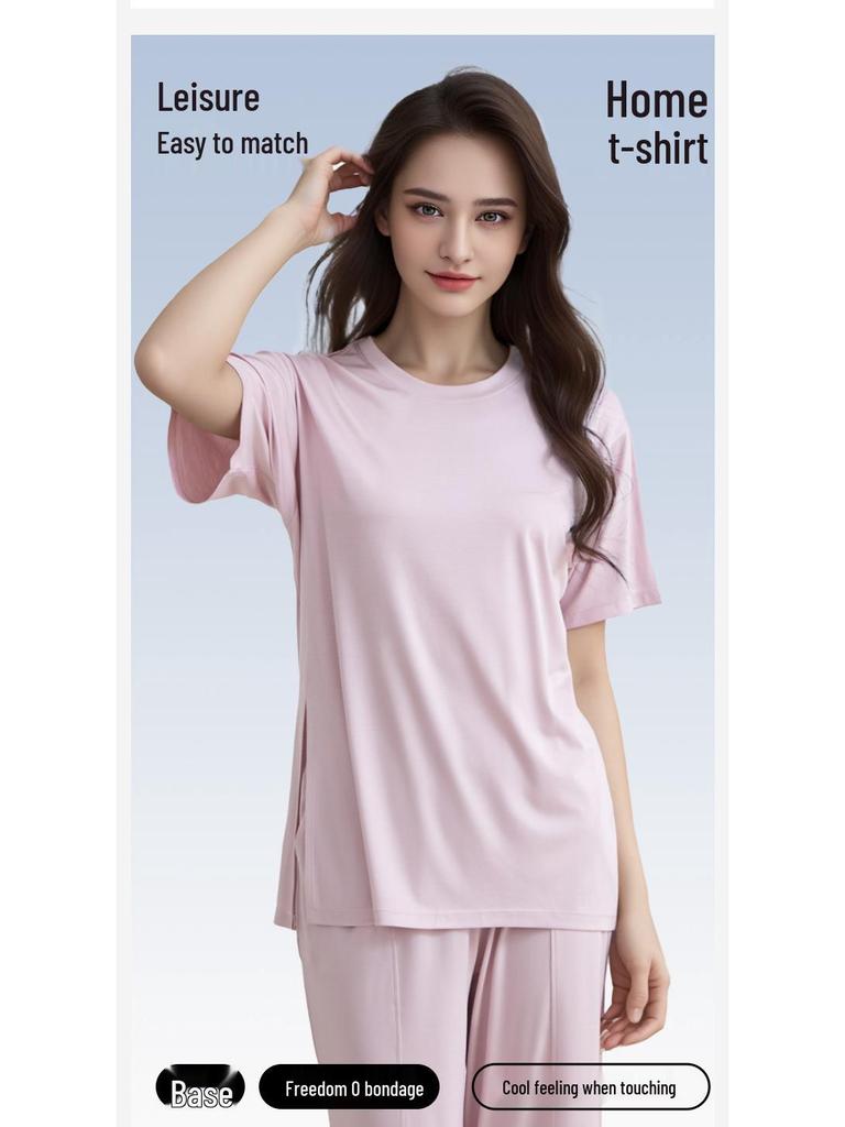 Women's Class A Summer Pajamas: Short Sleeve, Front Slit, Loose Fit, Cool Fabric Homewear Set
