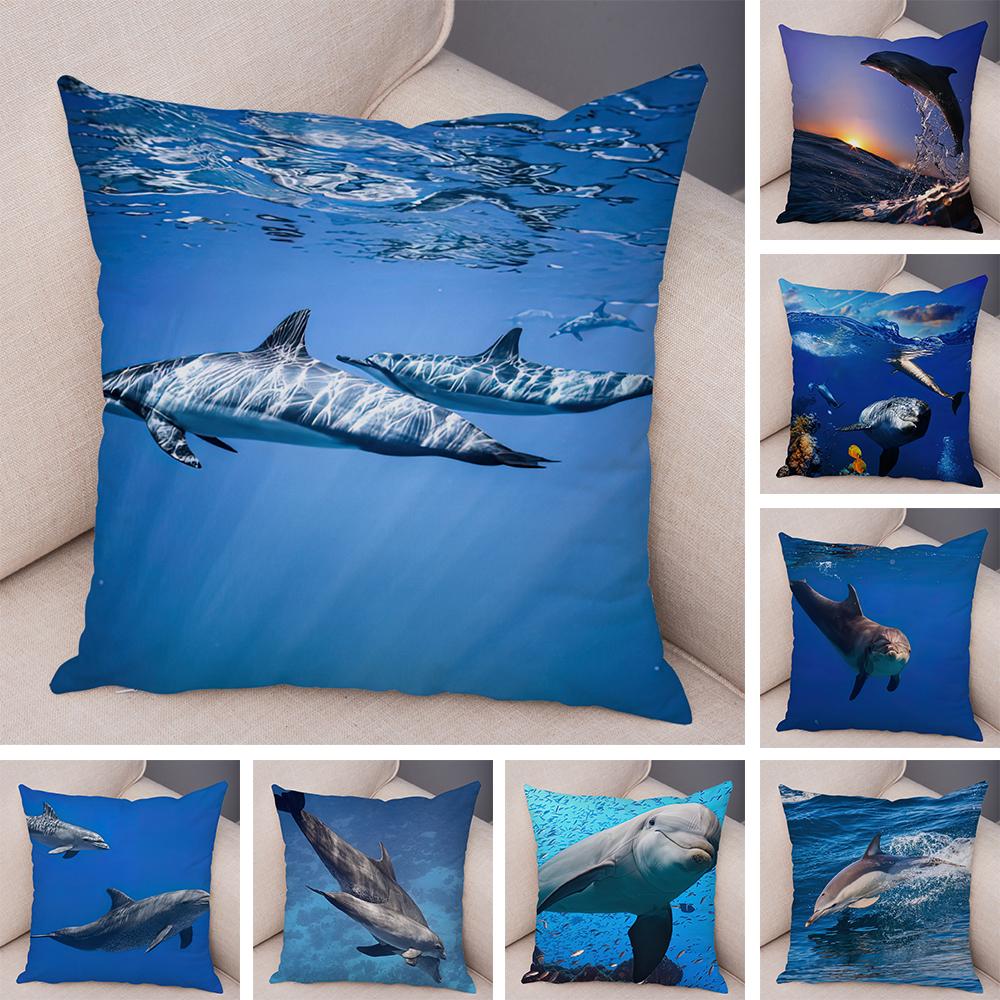 Marine Life Dolphin Cushion Cover Coral Reef Fish Pattern Soft Fabric Study Room Office Home Decor Pillow Case