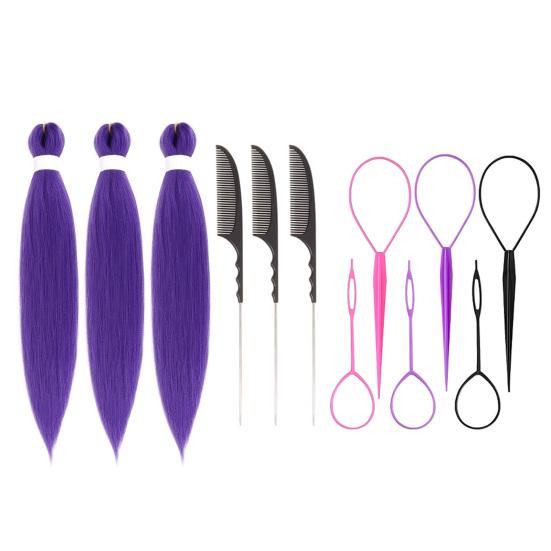 1/2/3 Sets 26-Inch Long Purple Hair Extension with Comb Bun Maker Hairdressing Tools Party Pre Stretched Straight Synthetic Hair Extension