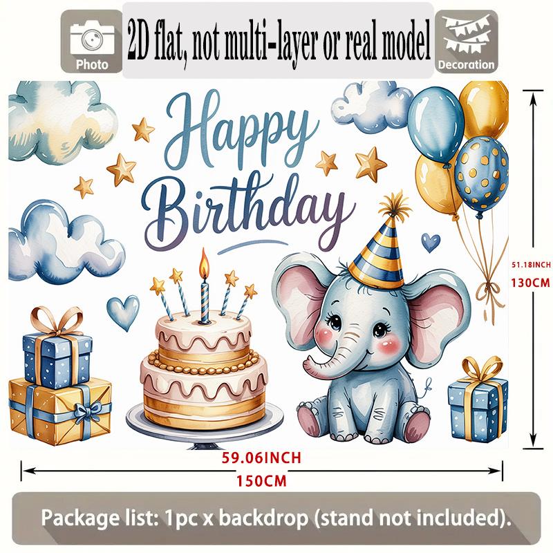 Happy Birthday Elephant Theme, 1pc Polyester Party Backdrop Banner, Photo Booth Background, Wall Decor