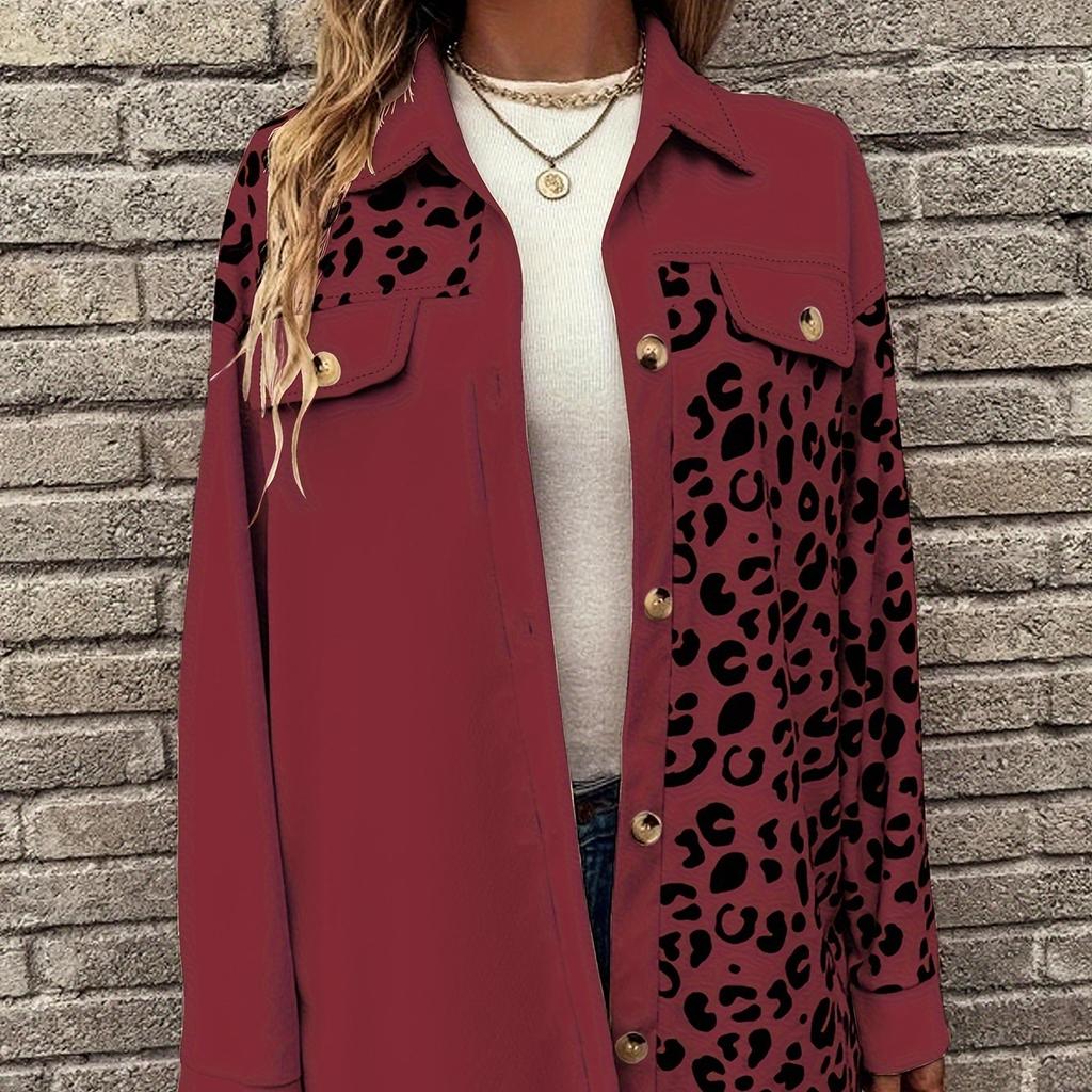 GMXIA Women's Vintage Casual Single-Breasted Leopard Print Autumn Winter Long Sleeve POLO Neck Loose Jackets & Coats