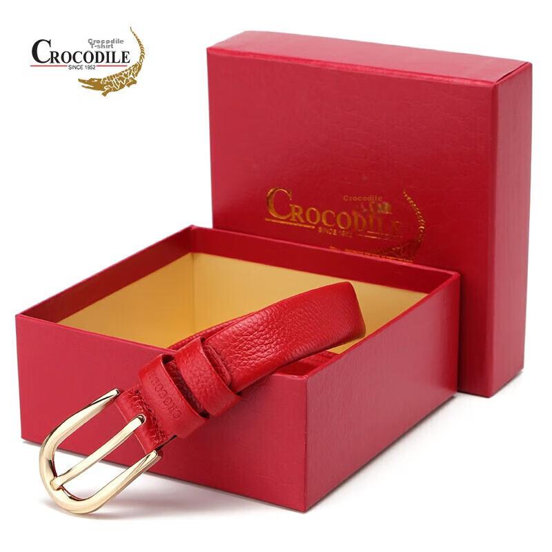 CROCODILE Zodiac Year Belt, Fashionable Genuine Leather Women's Pin Buckle Belt, Birthday Gift, 1430 Red, for Girlfriend