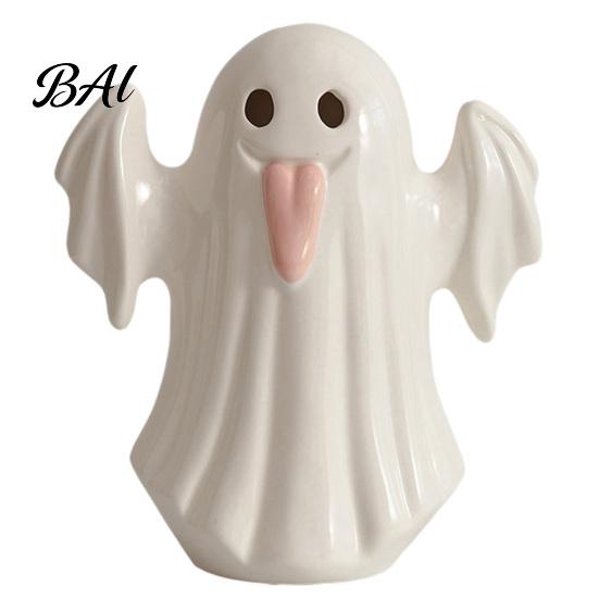 Bedroom Atmosphere Table Lamp Light Up Ceramic Ghost Figurines for Halloween Decor, Cute White Statue Dried Flower Floral Arrangement with Pink