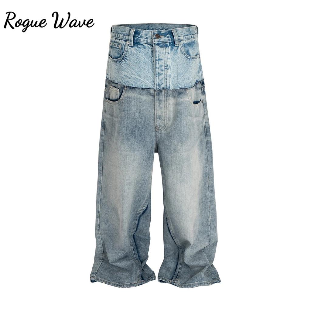 RogueWave CUT-UP Двухслойные Джинсы Пэчворк Бэгги с Двойной Талией для Мужчин и Женщин Прямые Повседневные Свободные Джинсовые Брюки Оверсайз