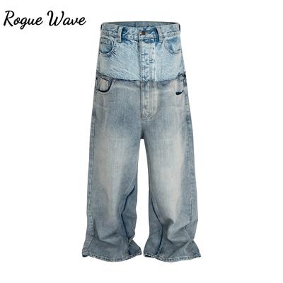 RogueWave CUT-UP Двухслойные Джинсы Пэчворк Бэгги с Двойной Талией для Мужчин и Женщин Прямые Повседневные Свободные Джинсовые Брюки Оверсайз