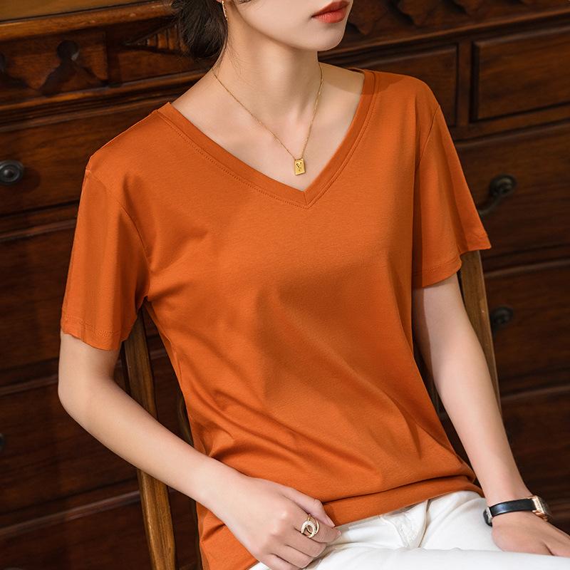 80 Двусторонняя футболка из мерсеризованного хлопка с короткими рукавами для женщин, новая женская футболка из чистого хлопка с V-образным вырезом, закрывающая живот