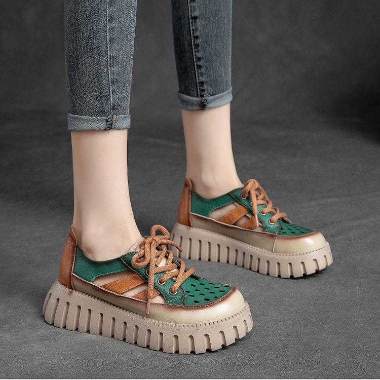 Johnature Сандалии из натуральной кожи разных цветов на толстой подошве в стиле ретро, ​​женские туфли на плоской платформе в римском стиле на шнуровке