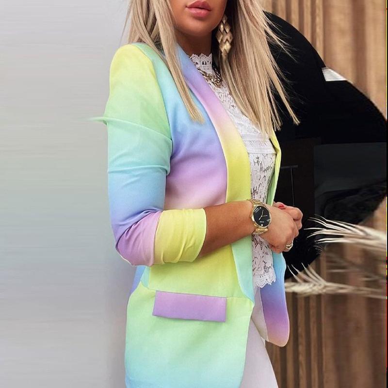 Женская мода с длинным рукавом и цветным принтом, куртка с открытой передней частью