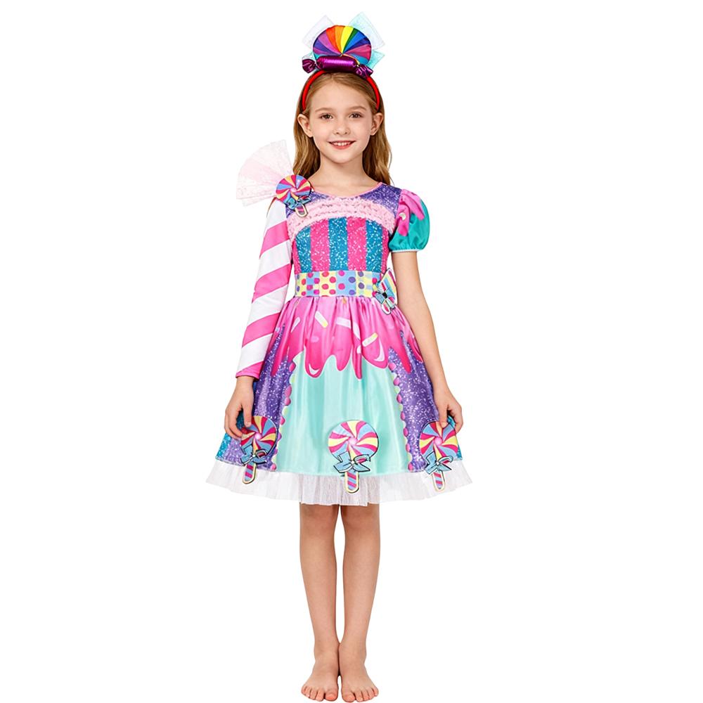 Kids Purim Disguise Rainbow Candy Dress With Headband Lollipop Cosplay Costume Children Dress Birthday Carnival Party Gift