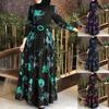 Women Long Sleeve Muslim Abaya Dress Ethnic Floral Print Belt Maxi Kaftan Robe