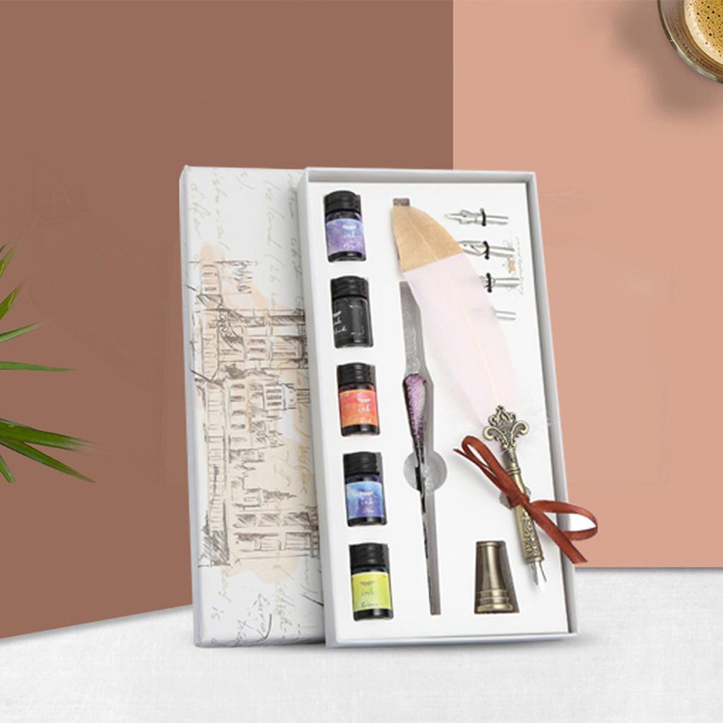 Crystal Dip Pen Feather Set Manual Gradient Color Writing Ink Pen Student Stationery Quill 17ml