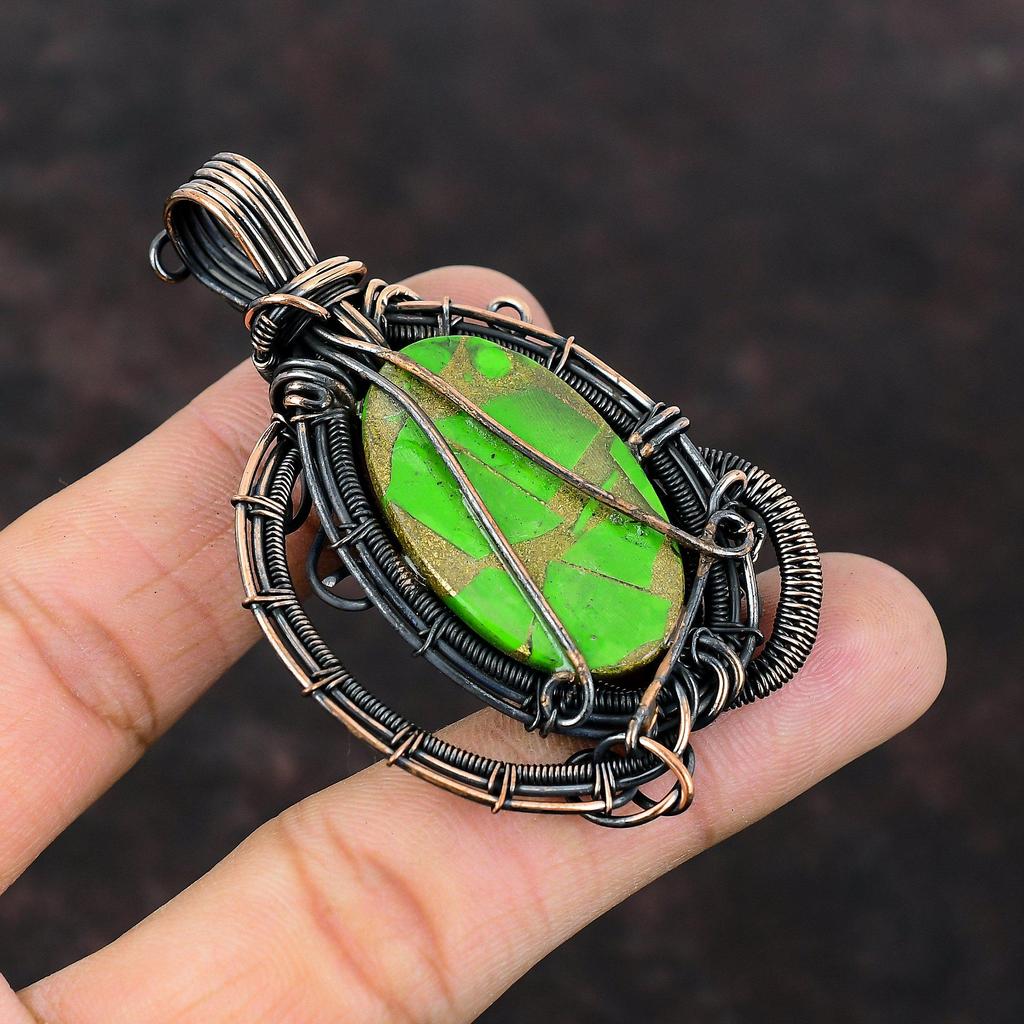 Copper Green Turquoise Pendant Copper Wire Wrapped Pendant Gemstone Pendant Copper Wire Jewelry Brand New Pendant For Gift Handmade Jewelry