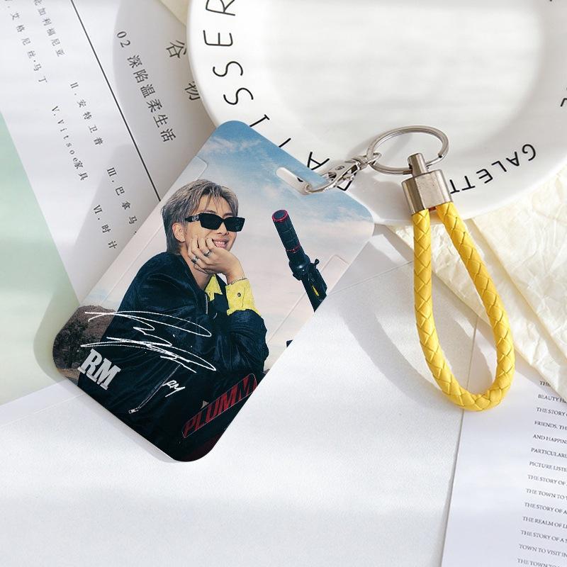 BTS Sliding Photocard Holder, Protective ID Badge Card Case with Braided Keychain Strap, Student Campus Bus Meal Card Protector Merch for ARMY
