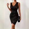 Foreign trade new sexy hip wrap fashion V-neck casual color matching button solid color metal pleated tight dress