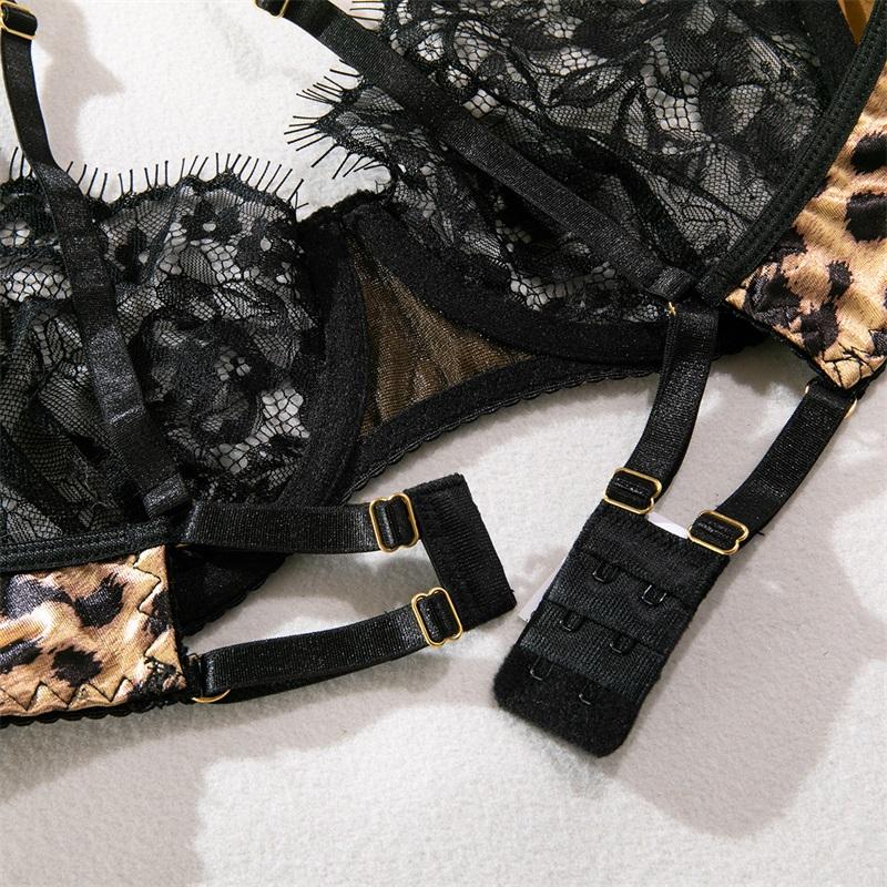 Aduloty Женское сексуальное нижнее белье, тонкая сетка, перспективный леопардовый узор, кружевное эротическое нижнее белье, бюстгальтер на косточках, комплект из трех