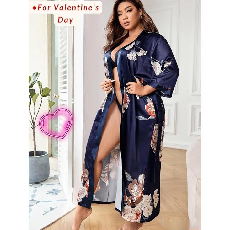 Женский халат на День святого Валентина больших размеров, сексуальный атласный халат, длинная одежда для сна
