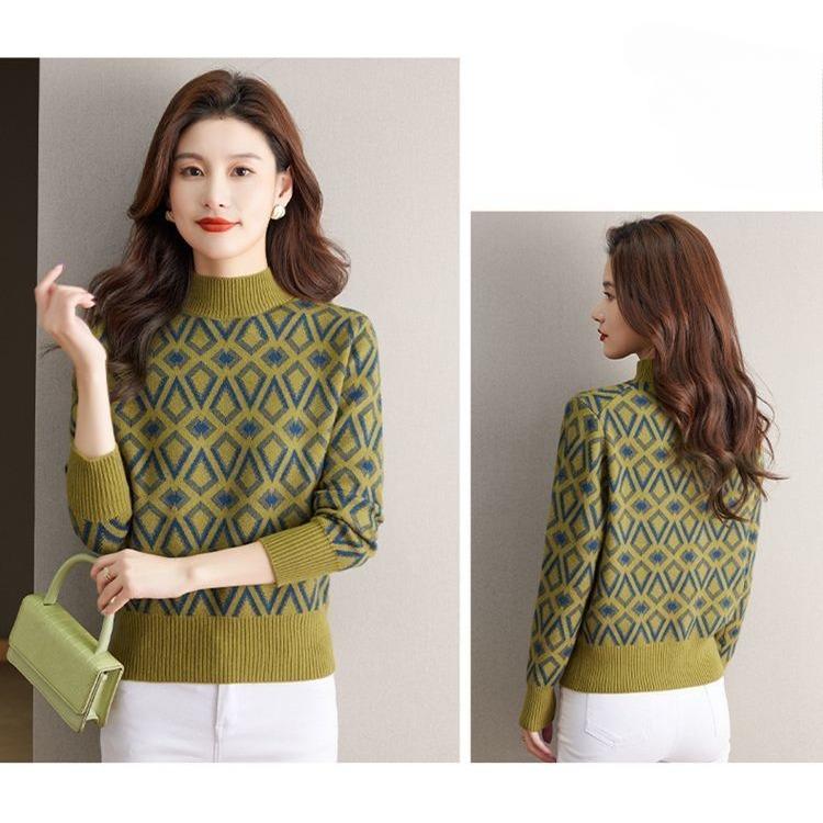 Жаккардовый короткий свитер, женский свободный вязаный свитер, осенне-зимний стильный трикотажный базовый свитер с полувысоким воротом